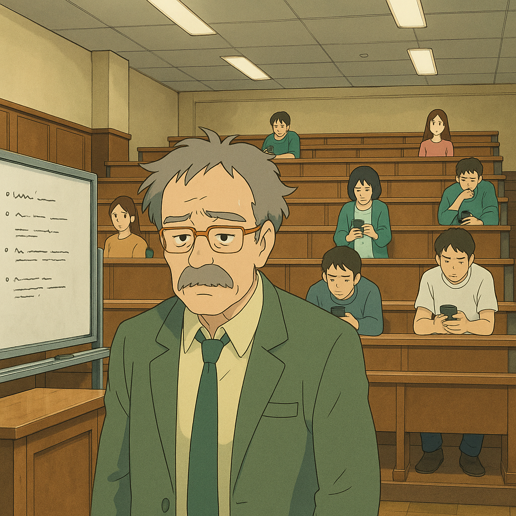 A despondent professor at the whiteboard and a half empty lecture hall with disengaged students