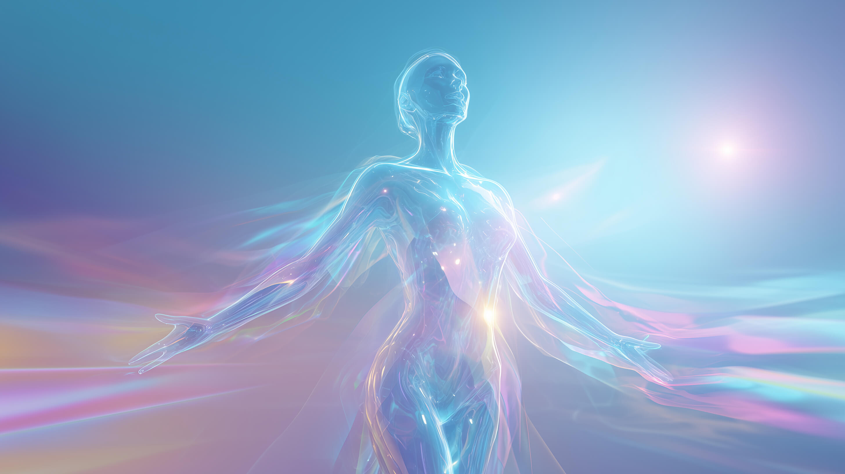 A luminous futuristic scene showing a translucent, feminine holographic human figure with arms gently open, glowing in soft blue, violet, and pink light, standing in an expansive radiant space that conveys freedom, integration, and living calmly from within.