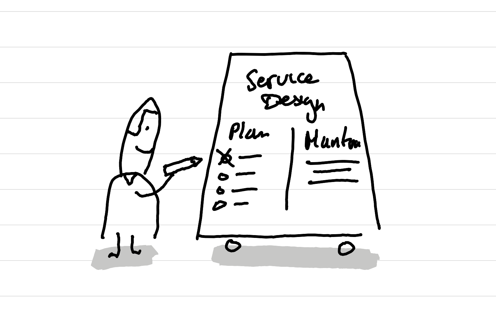 An illustration showing a person updating the schedule and plan of a service design class drawn on a whiteboard by ticking a checkbox