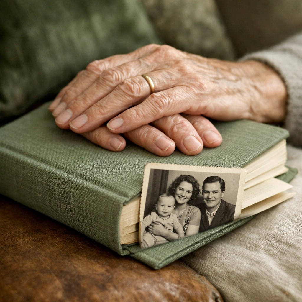 A close-up of a pair of weathered, elegant hands resting on a beautiful linen-bound journal, with a black-and-white photograph of a young family tucked between the pages.