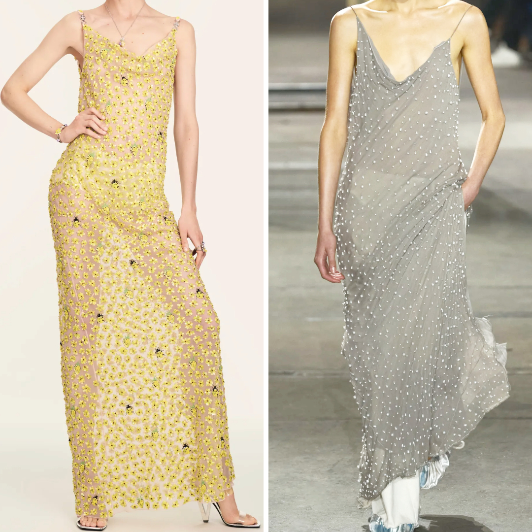 A collage highlighting all-over embellishments: Left, a bright yellow Versace Resort 2025 gown with small floral motifs evenly distributed across sheer fabric; Right, a grey Albus Lumen Resort 2025 dress adorned with delicate bead embellishments for subtle texture and shimmer