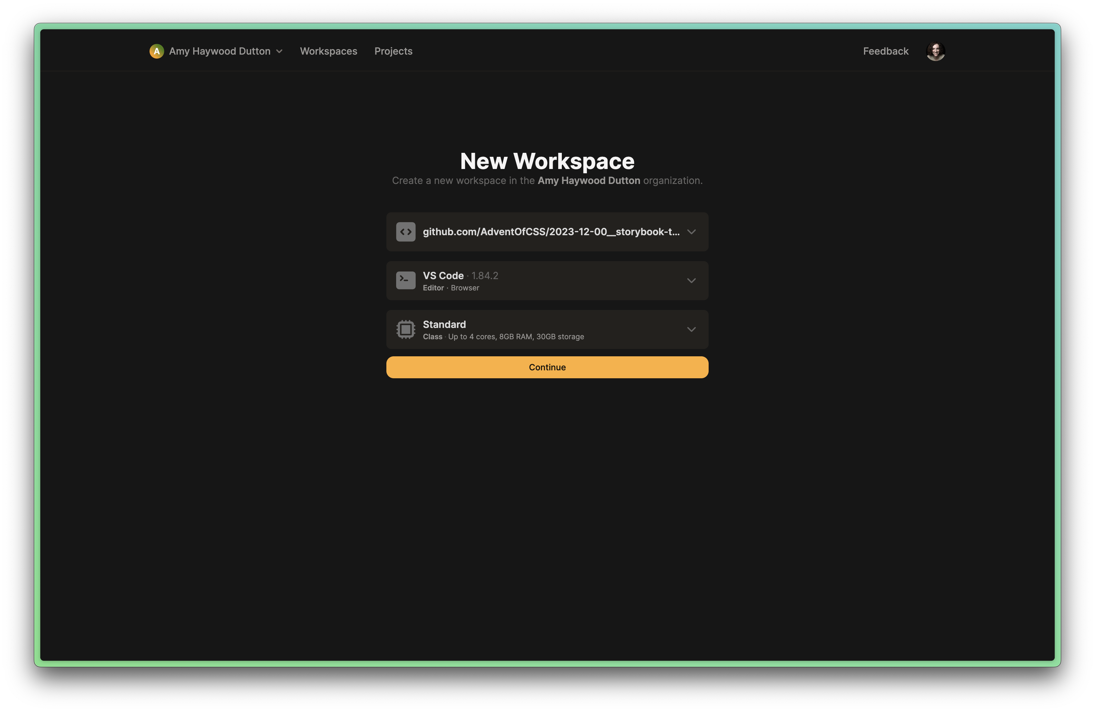 New workspace in Gitpod