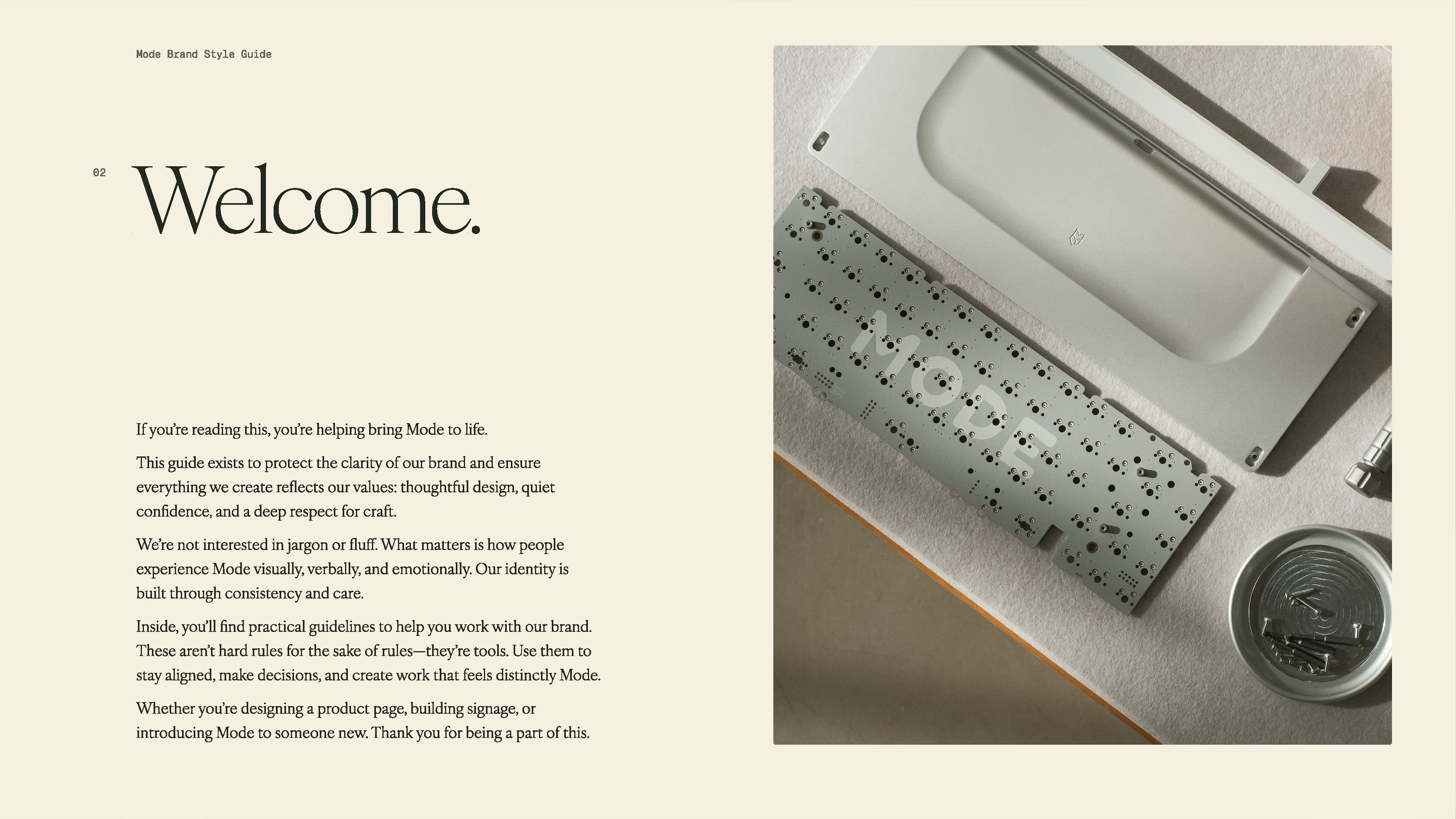 Mode’s brand style guide welcome screen, featuring an overhead photo of Mode keyboard components and a message outlining the company’s commitment to thoughtful product design, visual identity, and brand consistency. This scene from the video highlights the beginning of Mode’s brand transformation journey.