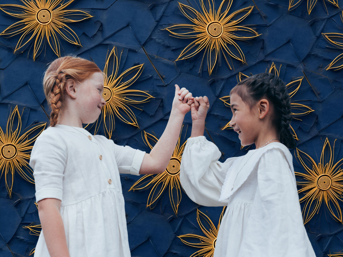 Two young girls make a pinky promise. Background in the style of paper quilling.