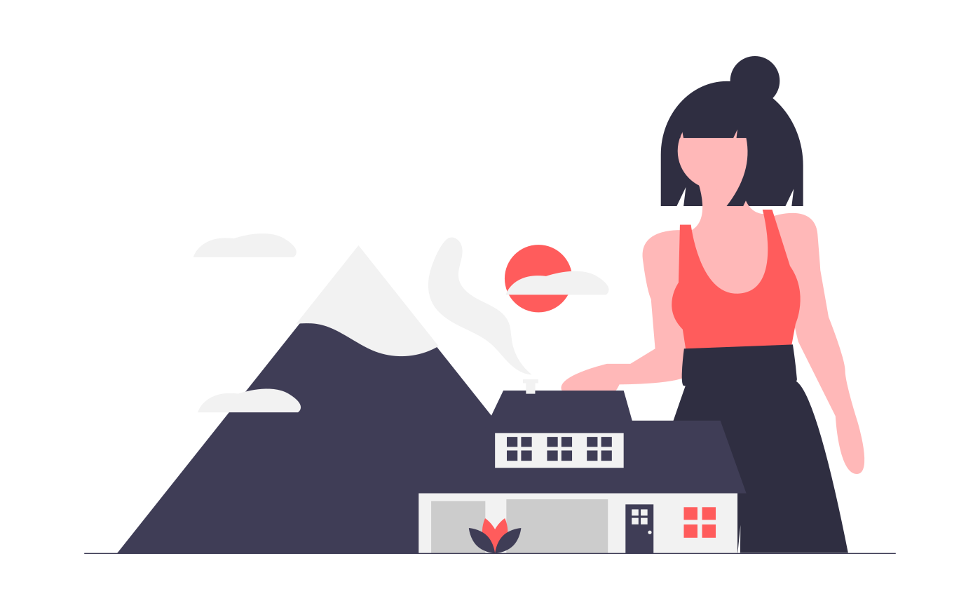 An illustration of a a person next to a house and a mountain