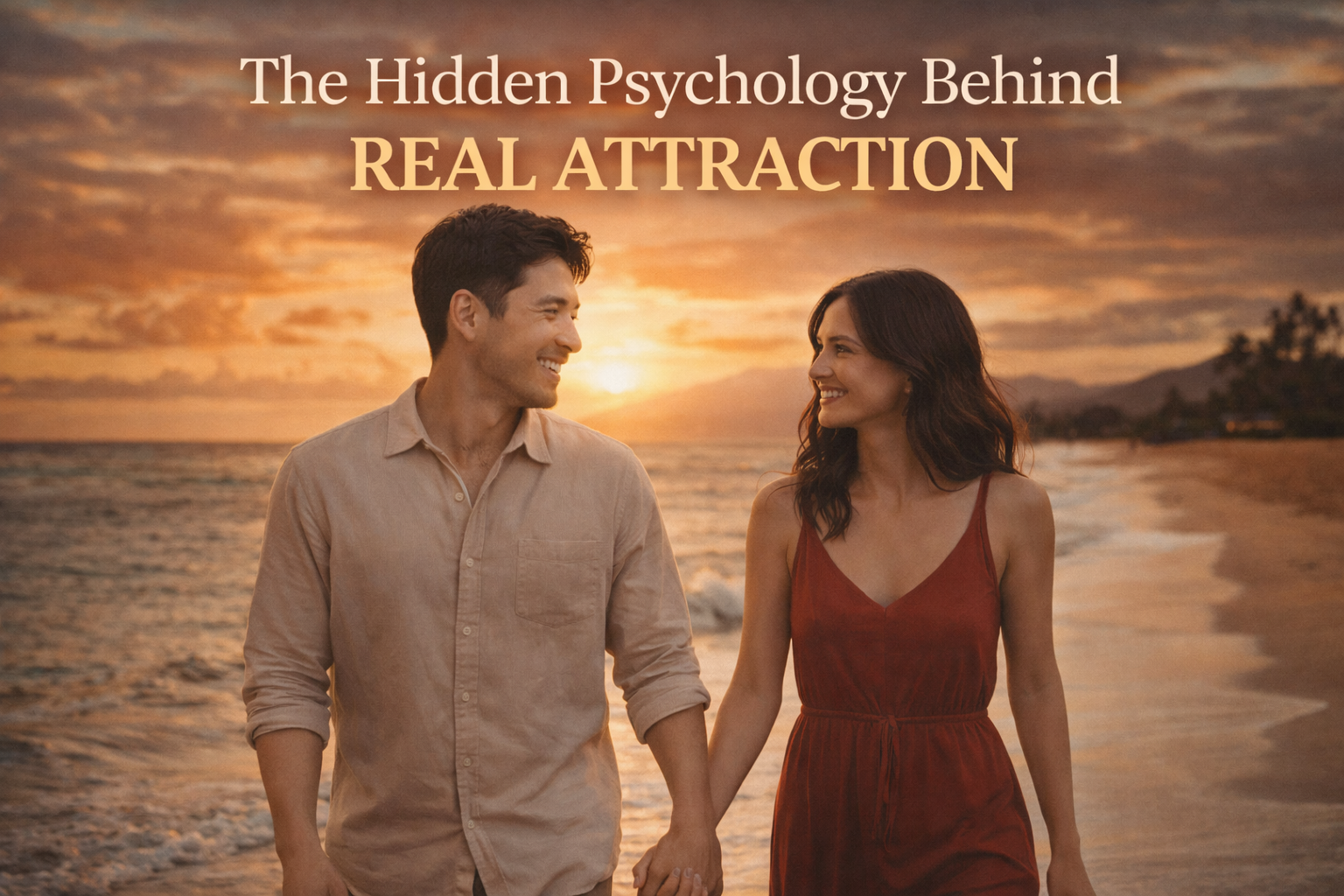 Man and woman walking on the beach at sunset, holding hands and we see them from behind. 