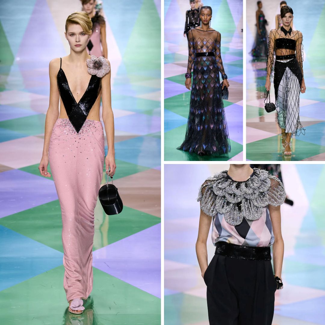 A collection inspired by the harlequin pattern, featuring pastel geometric designs, sheer netted overlays, and shimmering embellishments. Models wear dramatic crystal-embellished tops, diamond-patterned gowns, and black-and-pink evening dresses, creating a balance between structured couture and fluid movement.