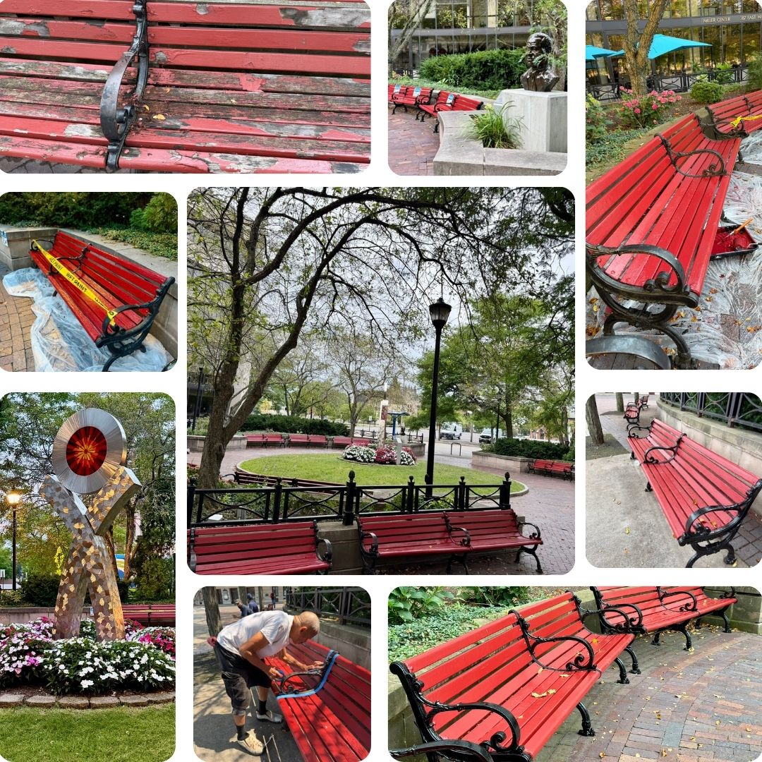 Some of the 25 benches restored at Main & Gibbs