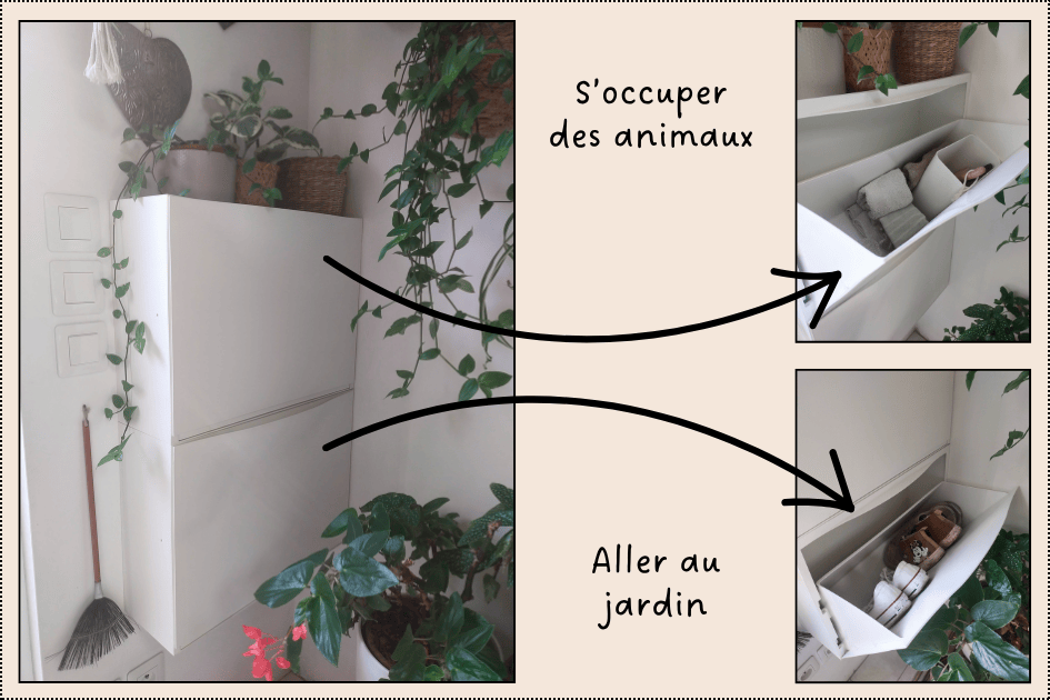 Ranger le matériel pour les animaux et les chaussures pour aller dans le jardin