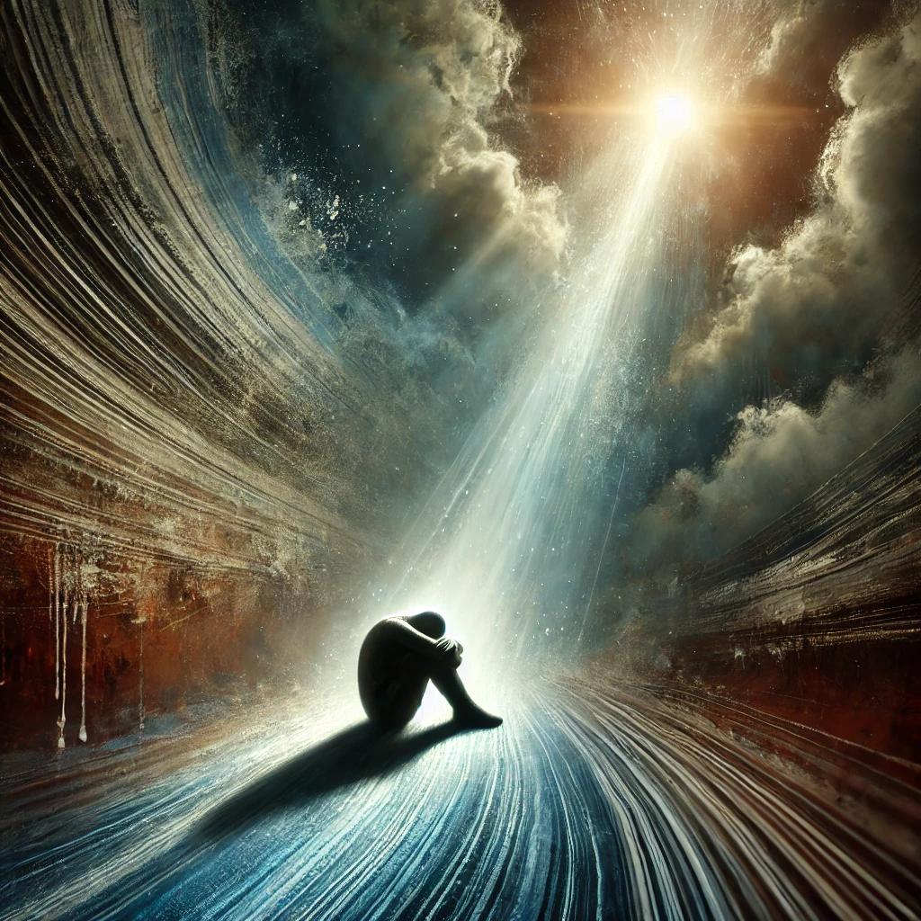 Personne assise en position fœtale, entourée d’ombres, symbolisant la blessure d’humiliation, avec une lumière douce représentant l’espoir et la guérison