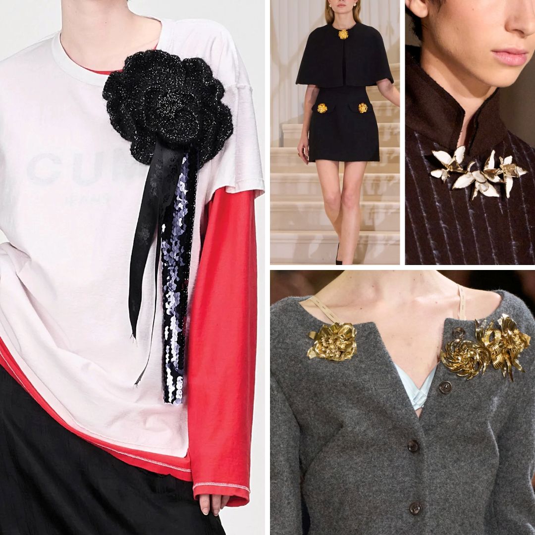 Collage of Fall/Winter 2025 brooch styling examples: oversized florals, asymmetric placements, and sculptural metal pins by Miu Miu, Erdem, and Oscar de la Renta. Brooches are shown as structural accents rather than vintage accessories.
