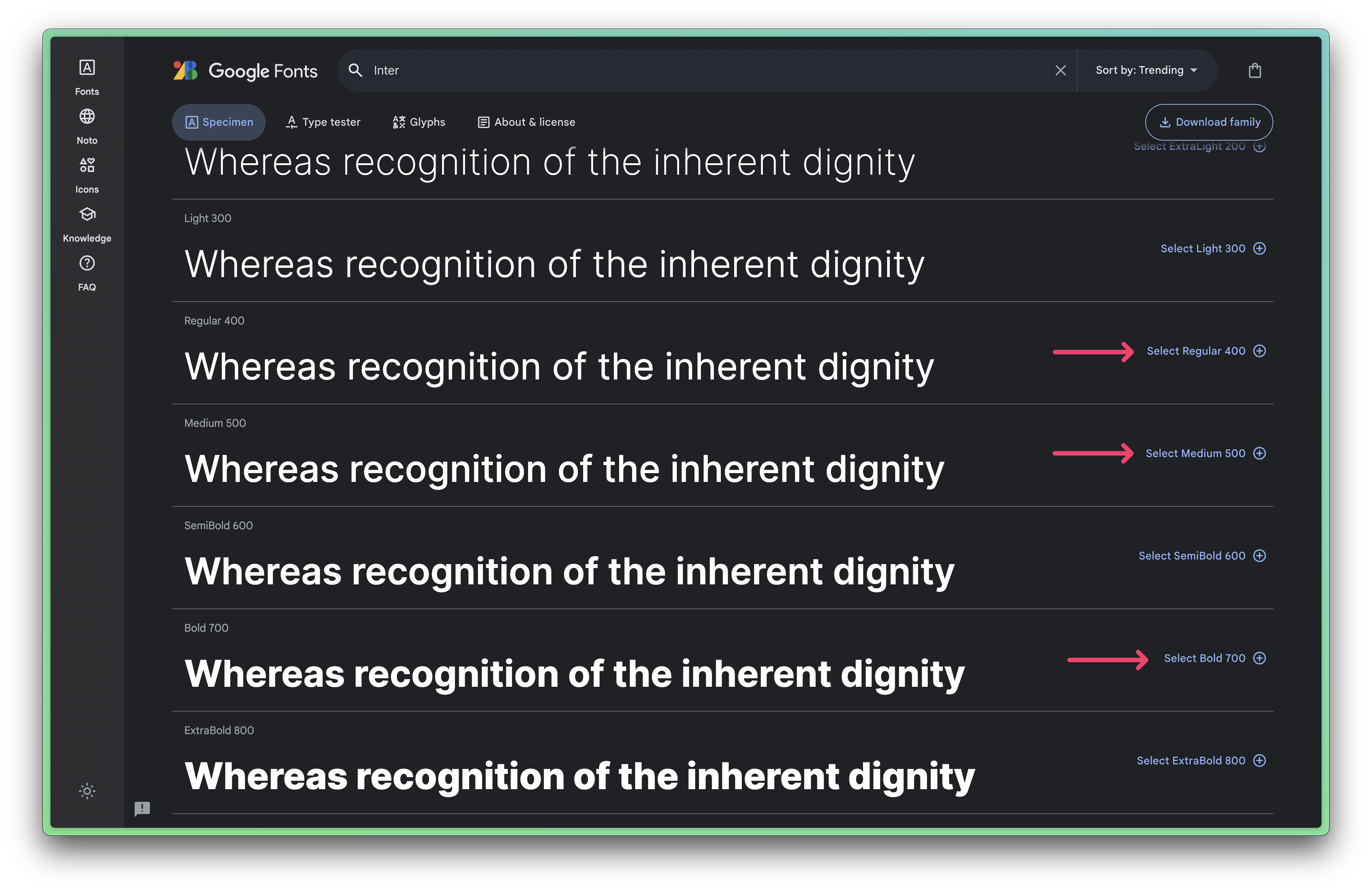 Selecting weights in Google Fonts