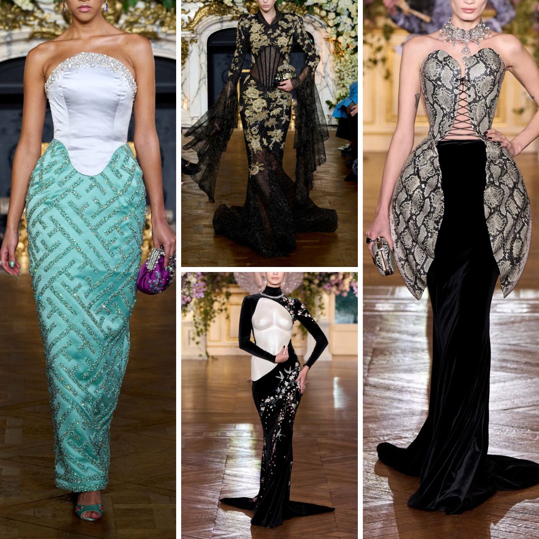 A collage of luxurious couture dresses with corset details, snake motifs, floral embellishments, and intricate beading, blending traditional heritage and modern fantasy in high-end fashion