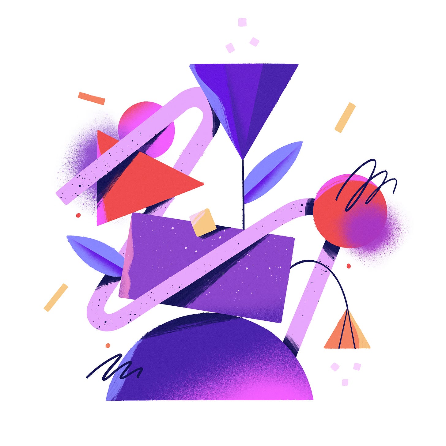 Different purple shapes composition on a white background