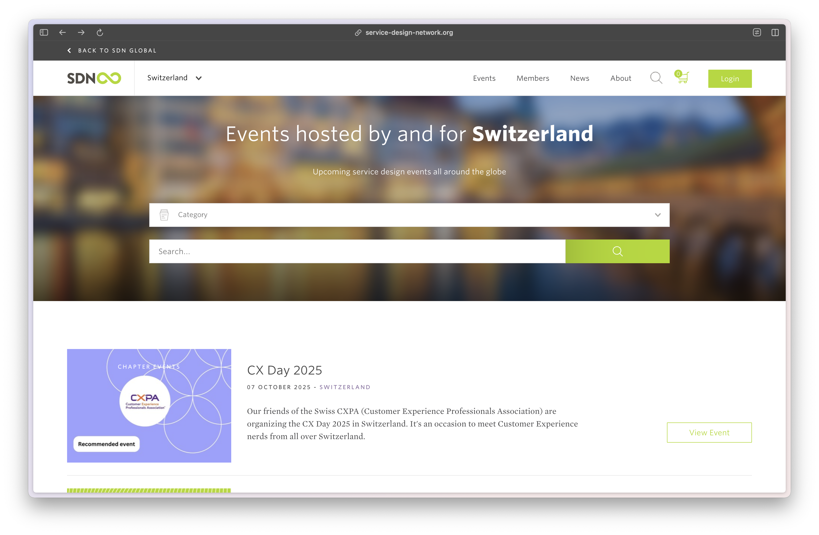 A screenshot of the Service Design Network Switzerland online calendar showing an event from CXPA