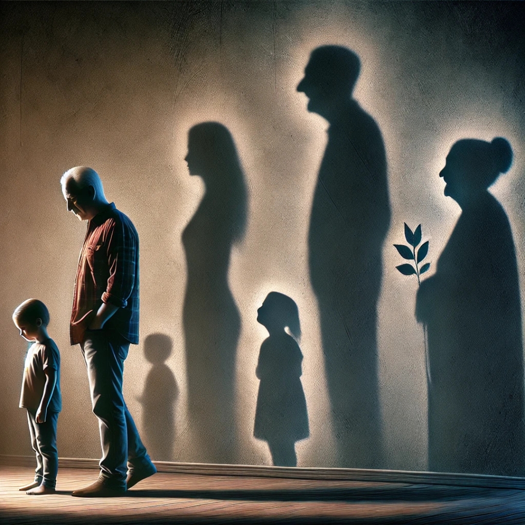 Image représentant un parent et un enfant dans une pièce sombre, entourés d’ombres évoquant des ancêtres et des événements passés non résolus