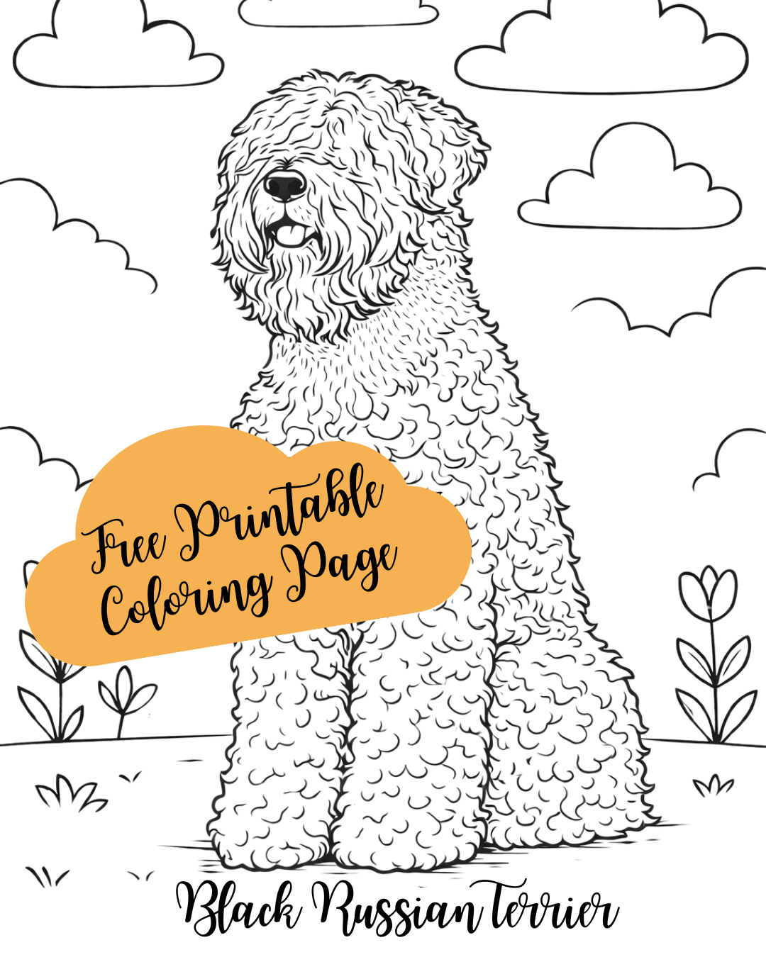 Black and white Black Russian Terrier coloring page – bold line art of a fluffy BRT with a square build, docked tail, and flowering background. Printable dog breed illustration for kids and breed lovers.