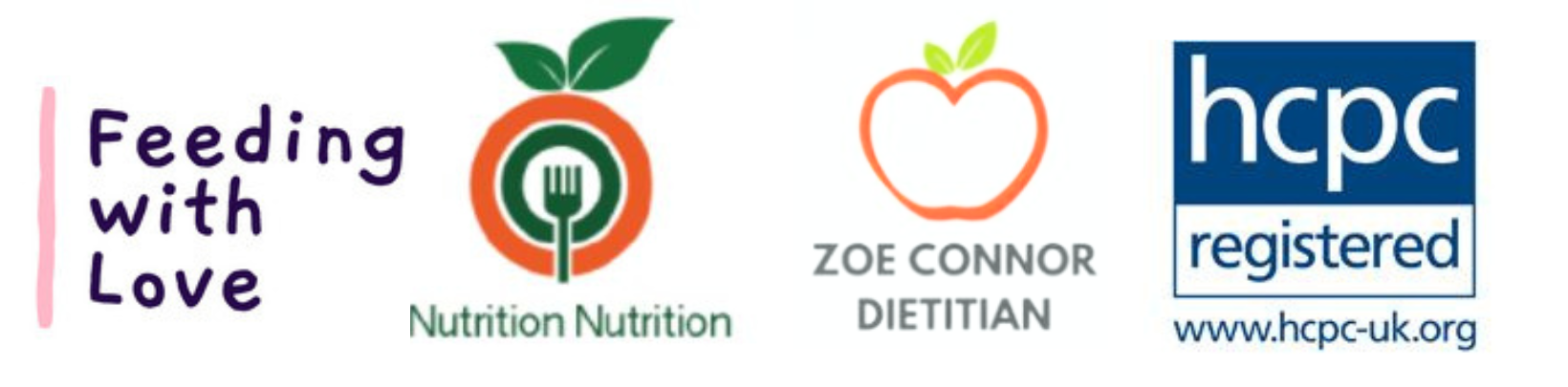 4 simple logos 1) Feeding with Love 2) NutritionNutrition Ltd, 3) Zoe Connor Dietitian, 4) HCPC registered 