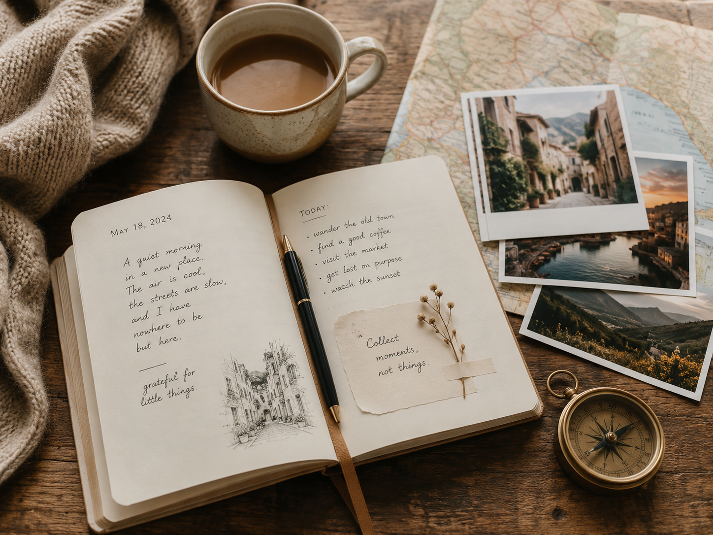 Open journal, a pen and coffee laid out for a mid-year travel planning reset