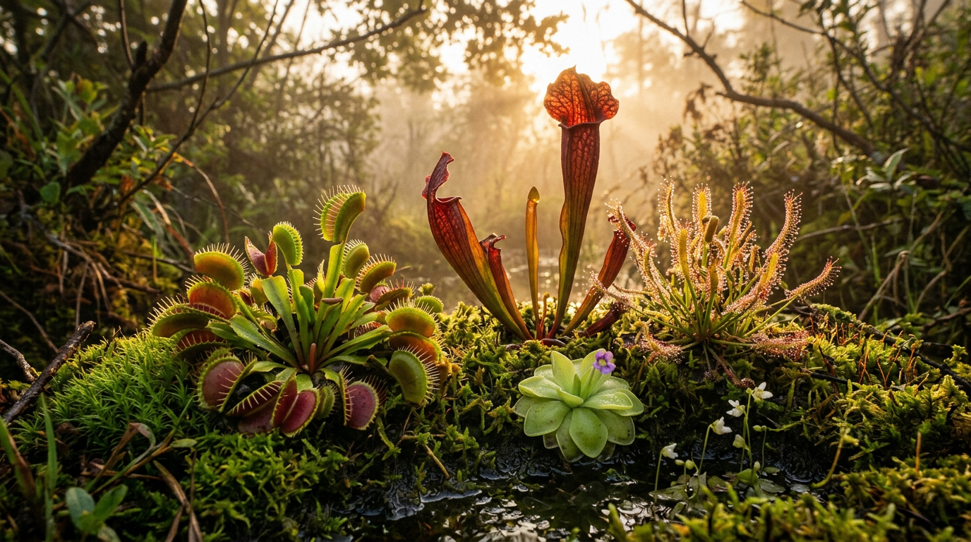 A wide-angle, cinematic photograph of a diverse carnivorous plant garden in a misty bog at golden hour. A cluster of Venus flytraps, a tall crimson-veined pitcher plant, a glistening sundew, a soft green butterwort, and delicate yellow bladderwort flowers are all nestled together in a bed of lush, damp moss. The setting sun creates a warm, ethereal glow through the thick fog and silhouetted trees in the background.