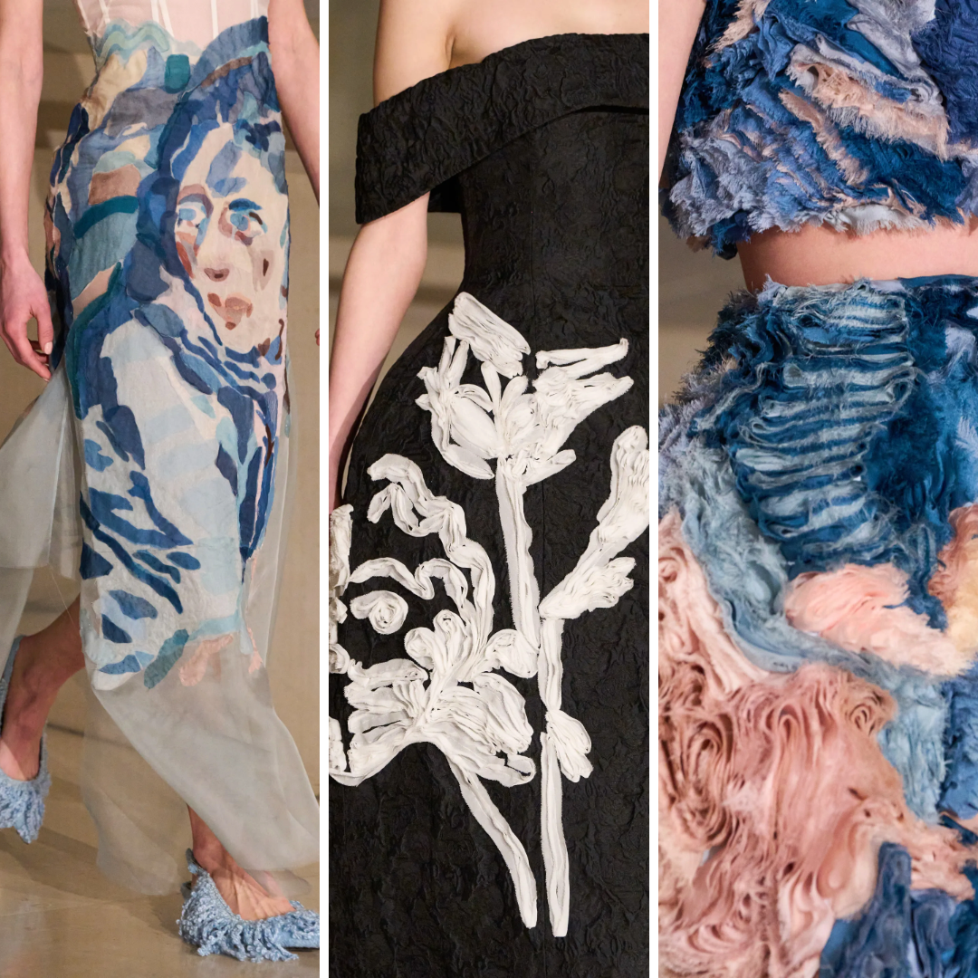 Three looks from Erdem’s Autumn/Winter 2025 collection: sheer embroidered dress featuring a textile portrait, a sculptural black gown with raised white florals, and a chenille-textured blue and pink ensemble with painterly dimension. Inspired by a collaboration with artist Kaye Donachie and personal memory.