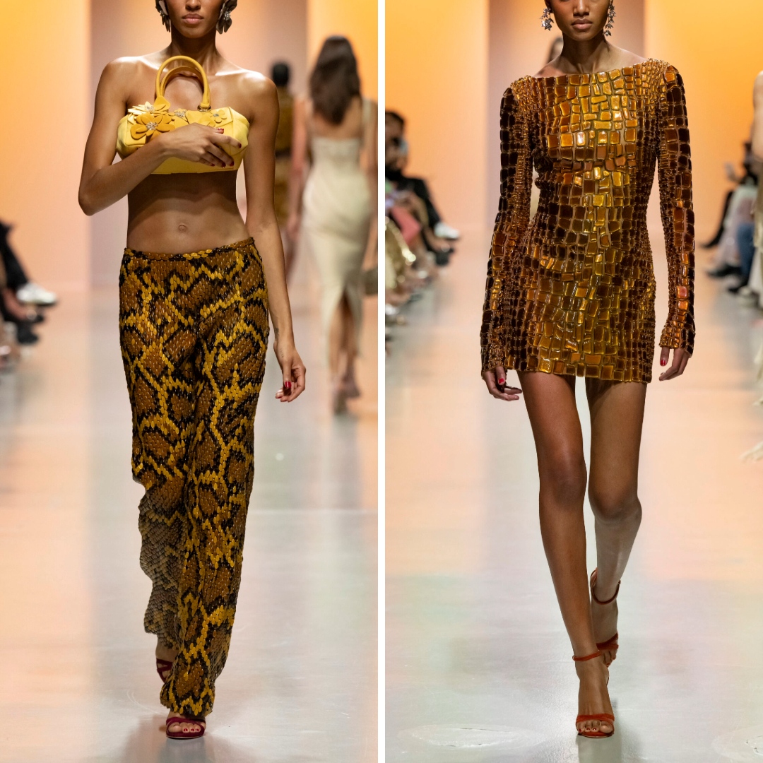 A bold pair of snake print trousers paired with a cropped top and a shimmering gold mosaic mini dress, featured in Georges Hobeika's Ready-to-Wear Spring 2025 collection