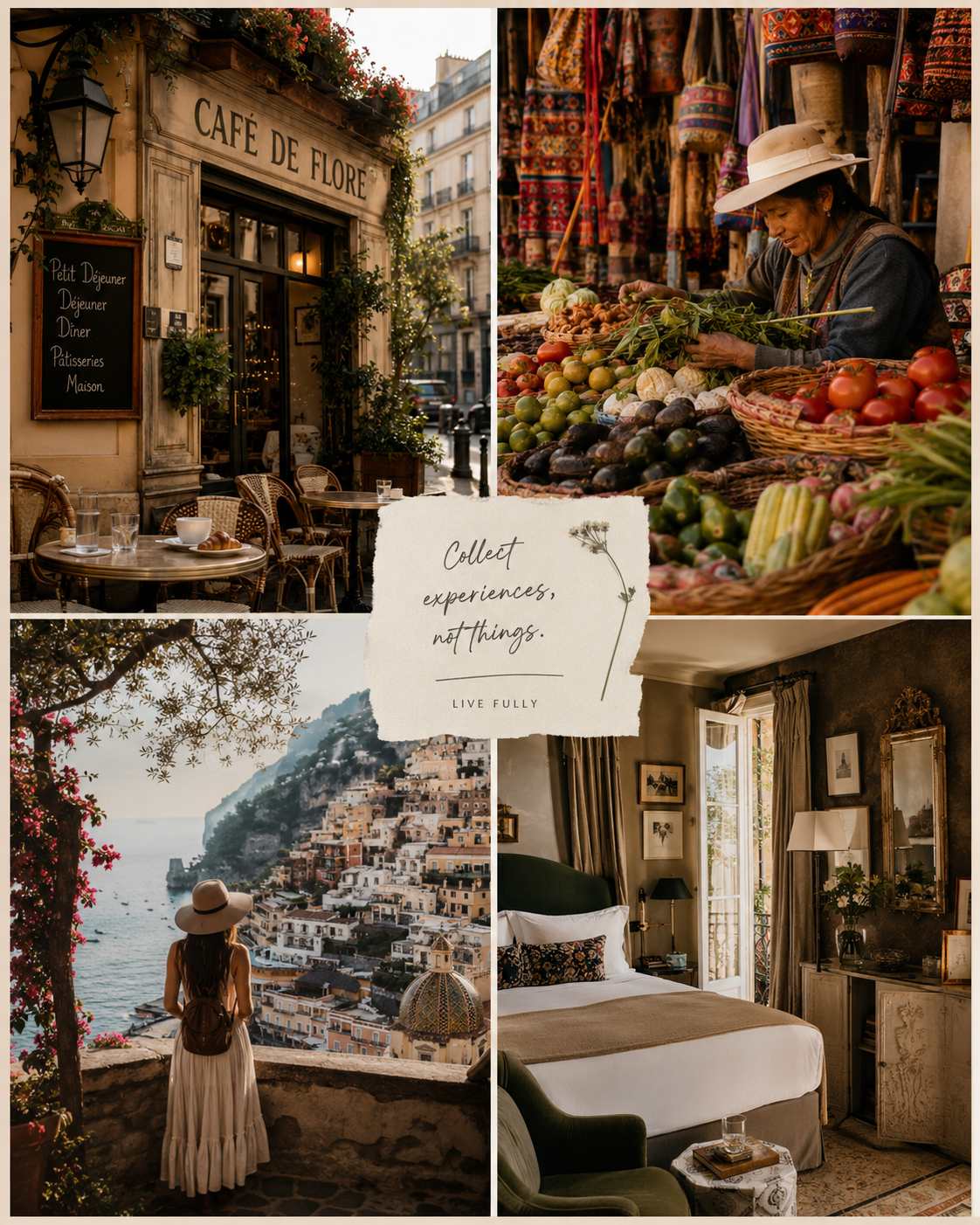 Different travel experiences representing inspiration, relaxation, and cultural immersion
