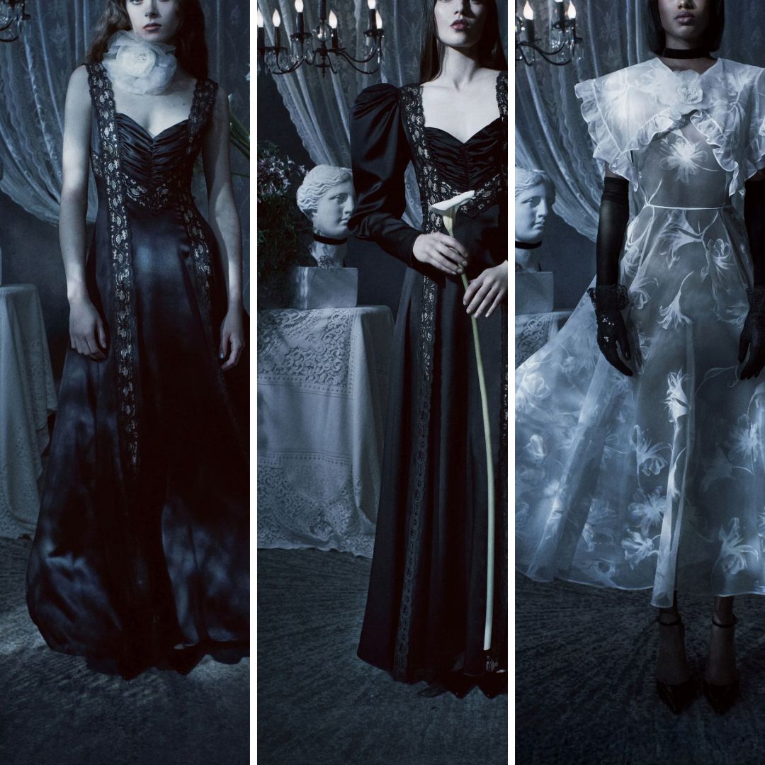 Rodarte Fall 2025 dark gowns in black satin and sheer fabric featuring lace trim, gathered bodices, and soft white floral overlays