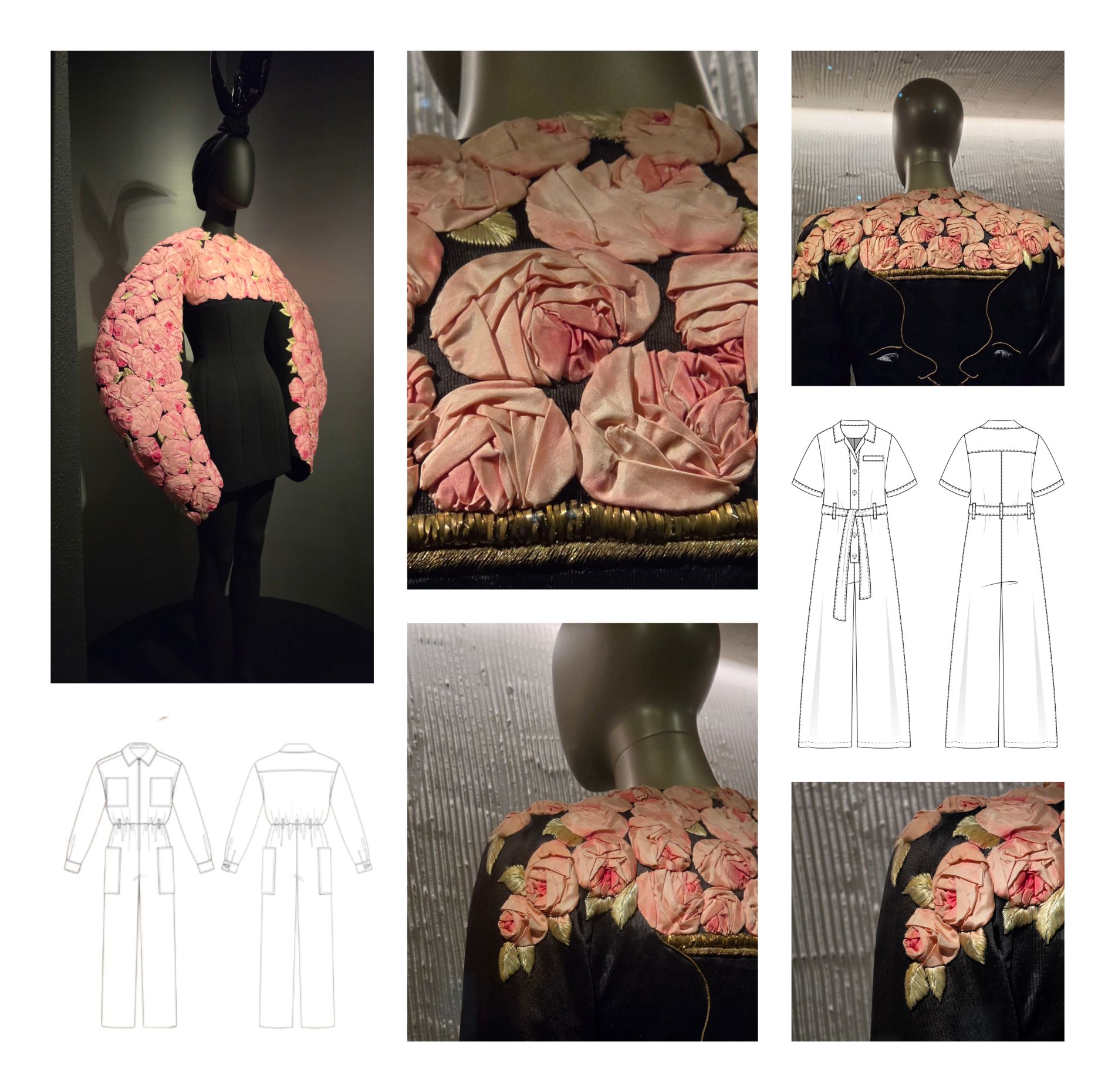 Course cover for Studio Uniform, showing Schiaparelli’s rose evening coat details, pink fabric roses, and jumpsuit pattern references.