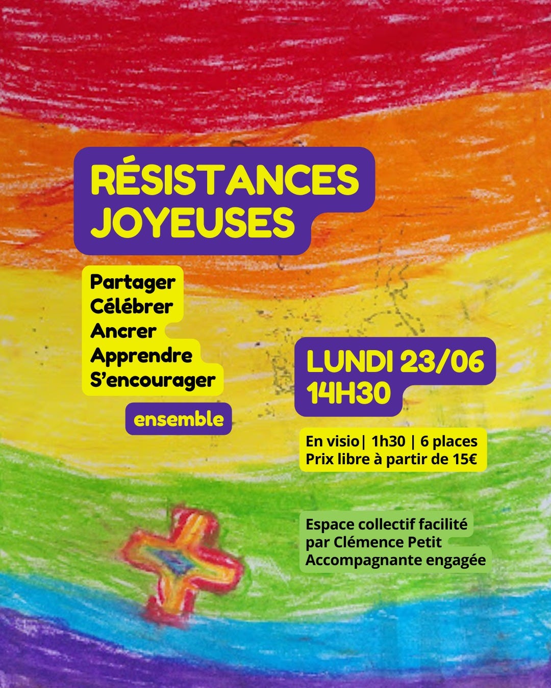 Dessin réalisé la fille de Clémence aux pastels représentant des bandes de couleur du violet au rouge (comme un arc en ciel) avec en bas à gauche une petite croix aux mêmes couleurs.