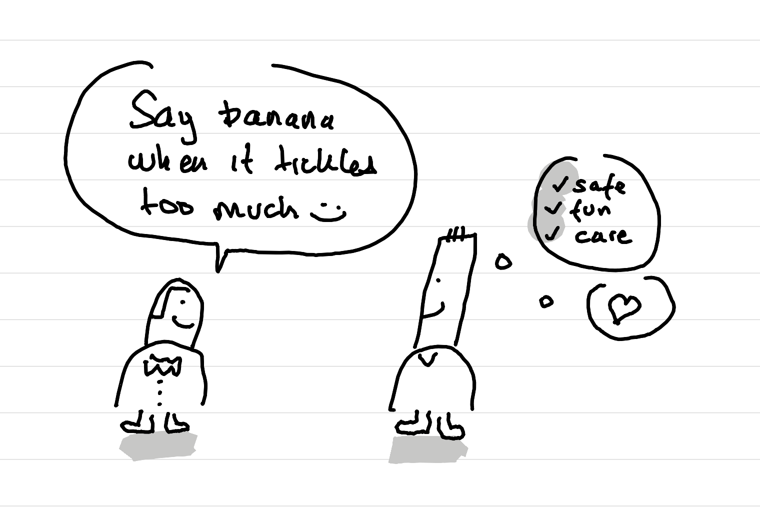 An illustration of a coach and a coachee - the coach says - say banana when it tickles too much - the coachee feels safe - sees the care - and experiments a touch of fun