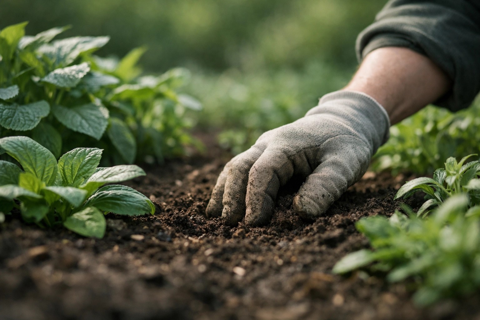 A horizontal, cinematic close-up of a gloved hand working in garden soil, showing the effort of deep work.