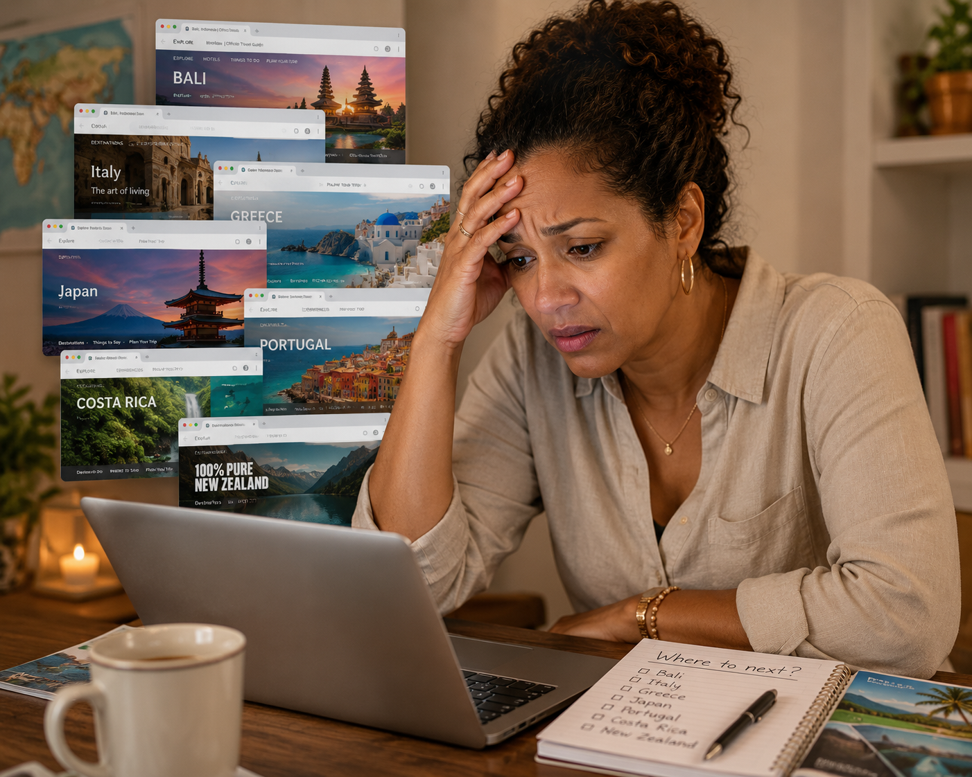 Woman looking at multiple browser tabs on her laptop researching travel destinations, appearing overwhelmed by too many options
