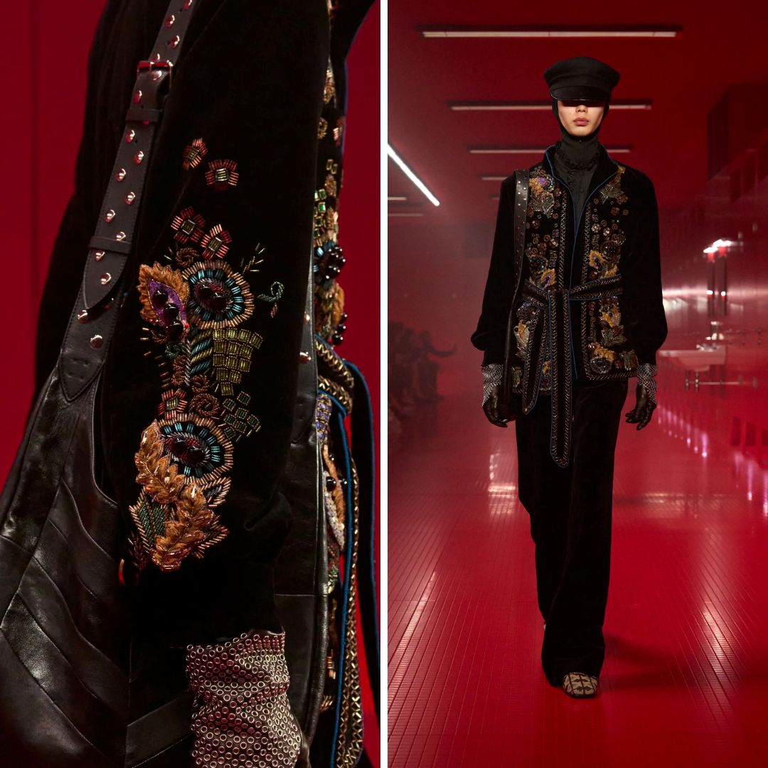 Close-up and runway view of a black velvet coat from Valentino Fall 2025 embroidered with goldwork, raffia, French wire, and beaded florals.