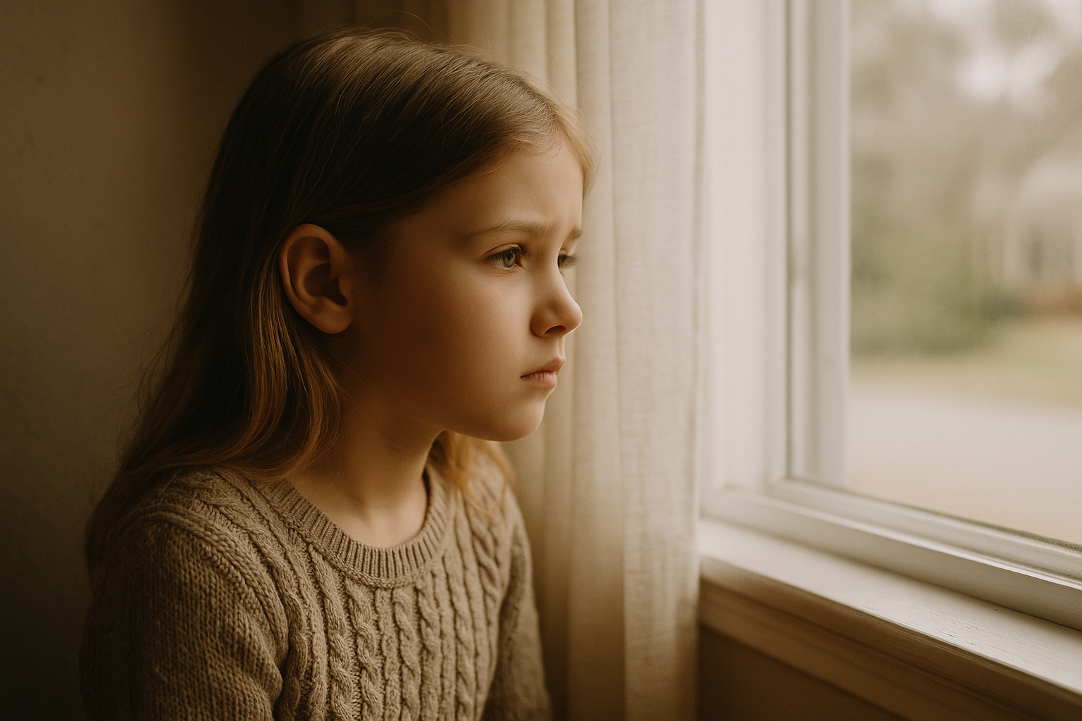 Young girl reflecting quietly, symbolizing the emotional impact of yelling and the need for safe, respectful parenting.