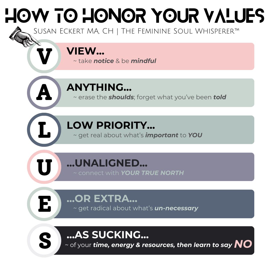 Why should and how can you honor your values? Spiritual Midlife Reinvention Coach and Self Discovery Mentor Susan Eckert, MA, CH