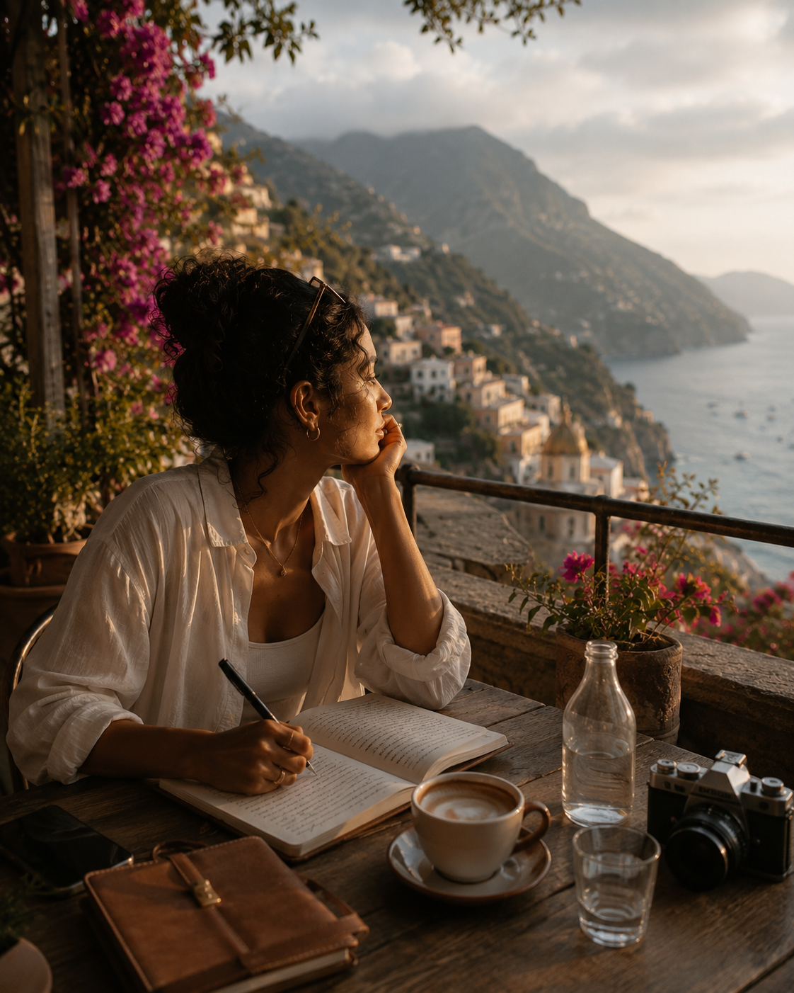 Woman sitting at an outdoor cafe in a cobblestone European city, writing in a travel journal with coffee nearby