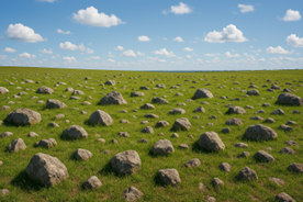 A vast field featuring a mix of rocks and grass under a clear blue sky.