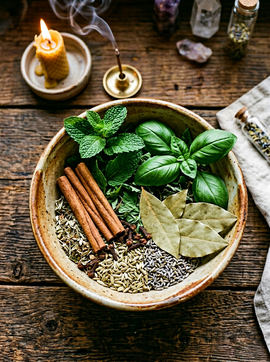 Top-down view of a speckled ceramic bowl containing a vibrant mix of herbs for prosperity. Fresh green mint and basil leaves sit alongside whole cinnamon sticks, dried bay leaves, cloves, and loose seeds. The bowl is on a textured dark wood table next to a glowing yellow beeswax candle and a stick of incense with a swirling plume of smoke. In the background, small crystal points and a glass jar are softly blurred.
