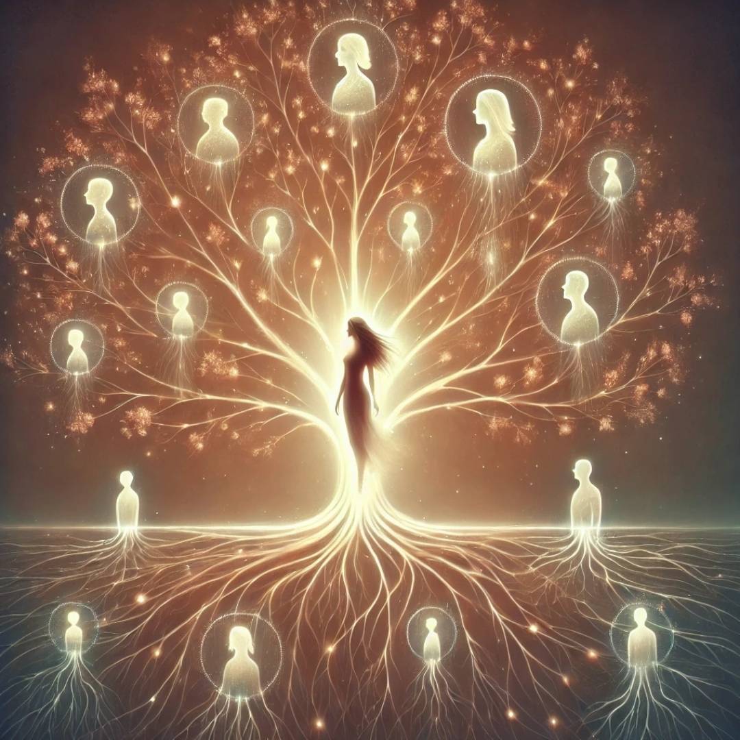 Illustration symbolique d'une femme au centre d’un arbre généalogique lumineux, représentant la transmission transgénérationnelle et les blessures familiales inconscientes