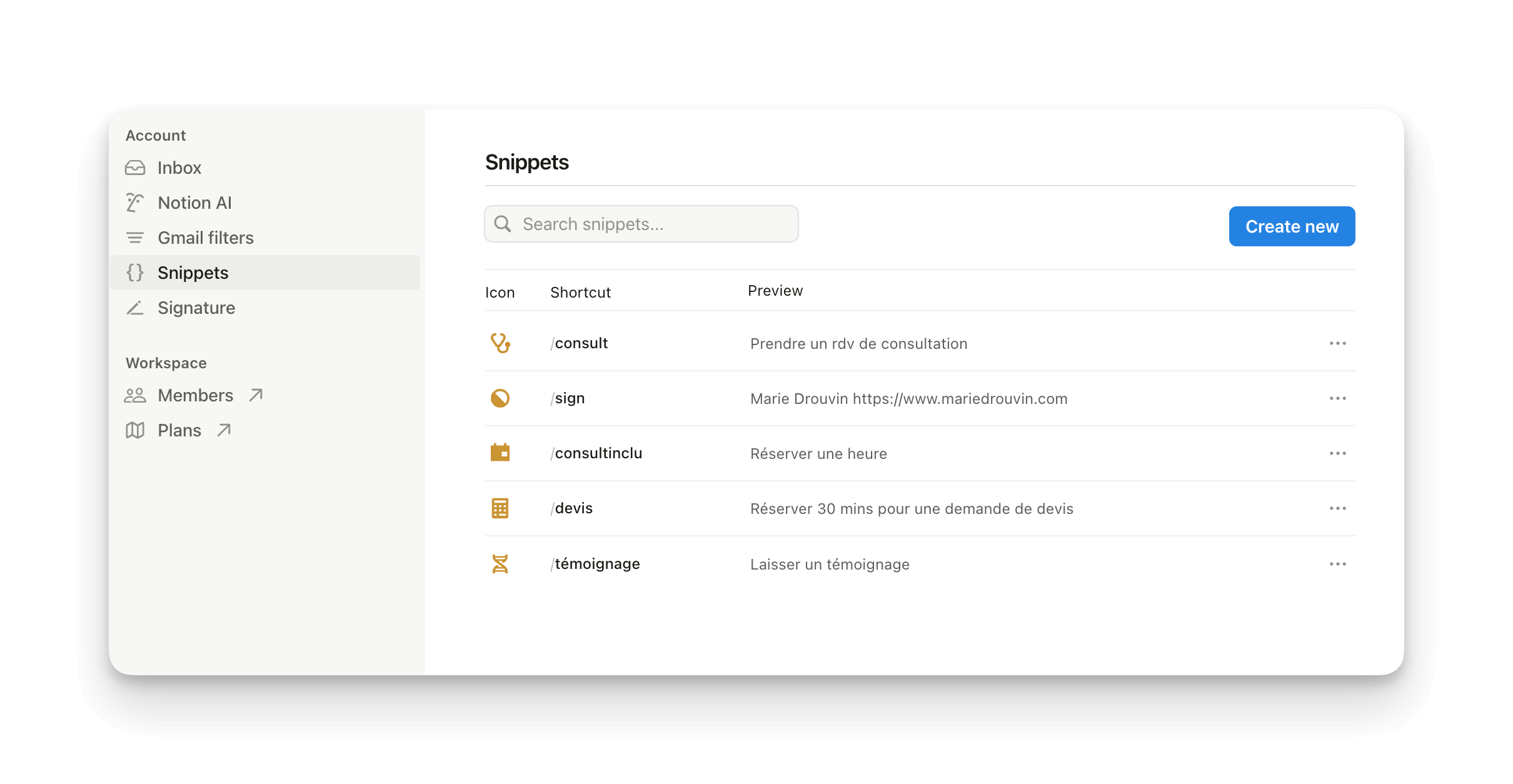 Raccourcis textes sur Notion Mail