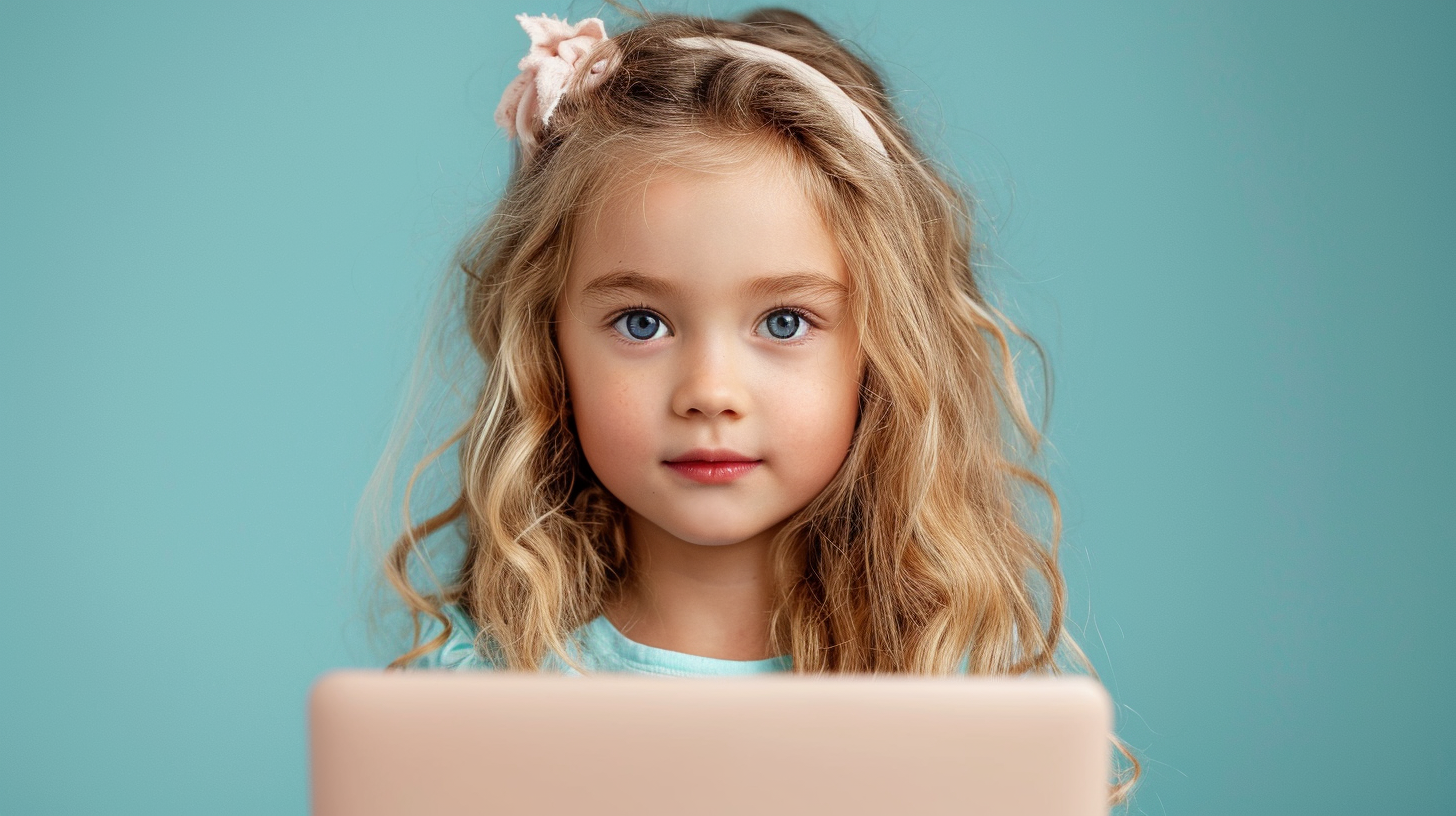 thoughtful 6 year girl with laptop, plain light blue background, instashot