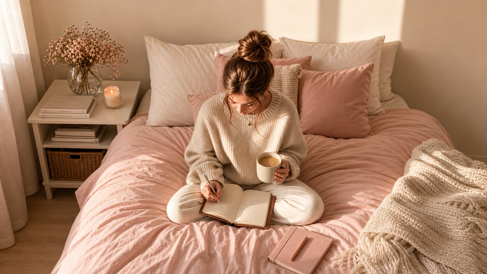 Lisa sits cross-legged on a pink bed, writing in a notebook while holding a cup of coffee in a soft, sunlit bedroom