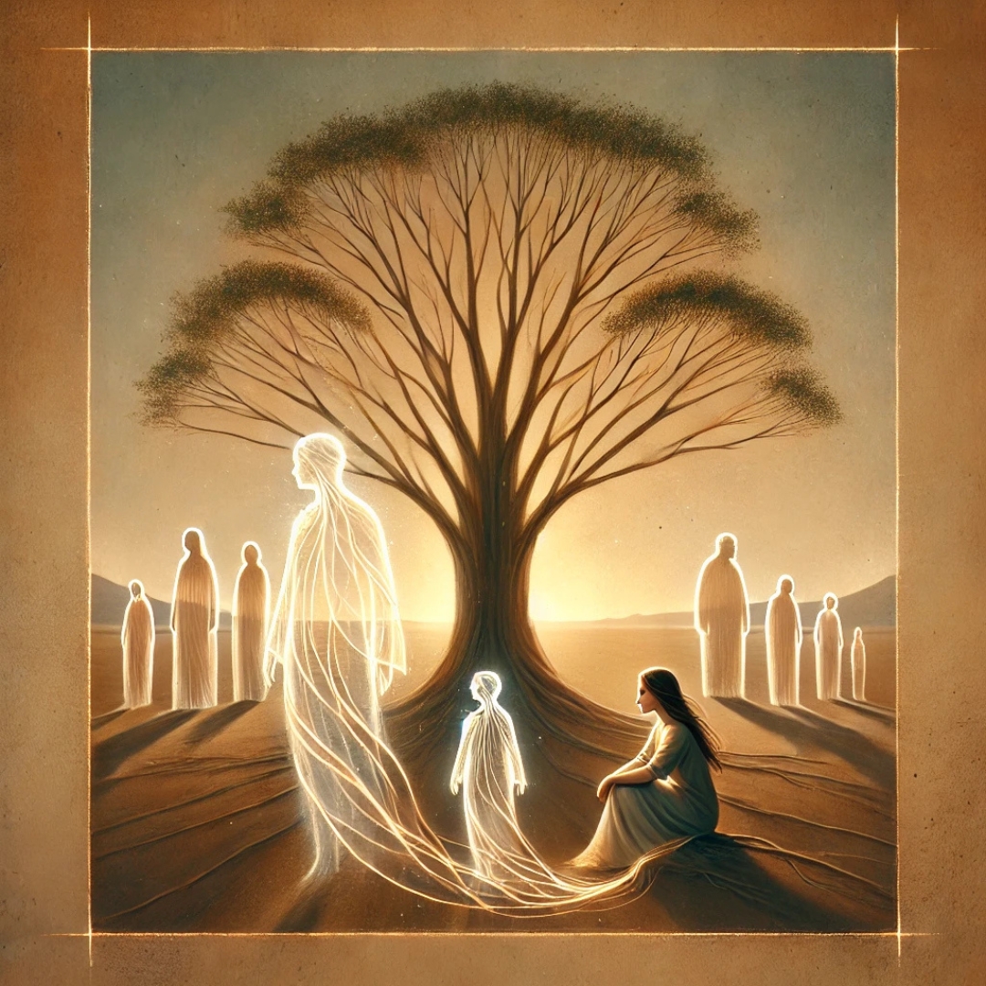 Illustration symbolique d’un ancêtre isolé sous un arbre, relié par un fil doré à une femme contemporaine, représentant le rejet transgénérationnel hérité