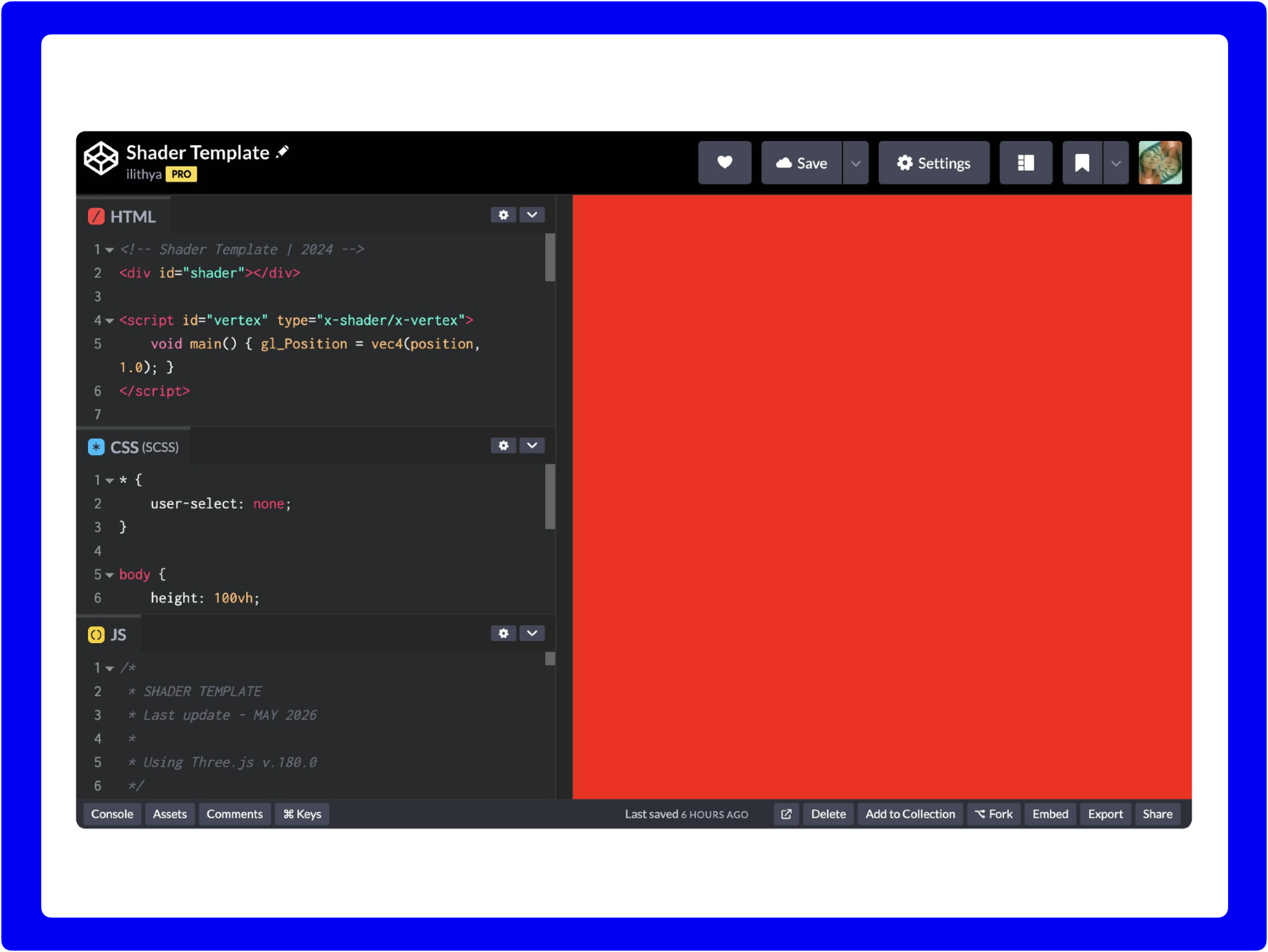 CodePen starter template with GLSL shader by ilithya