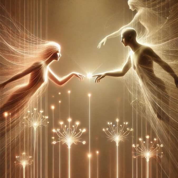 deux silhouettes lumineuses presque reliées, symbolisant un lien d’âme perturbé par des mémoires transgénérationnelles