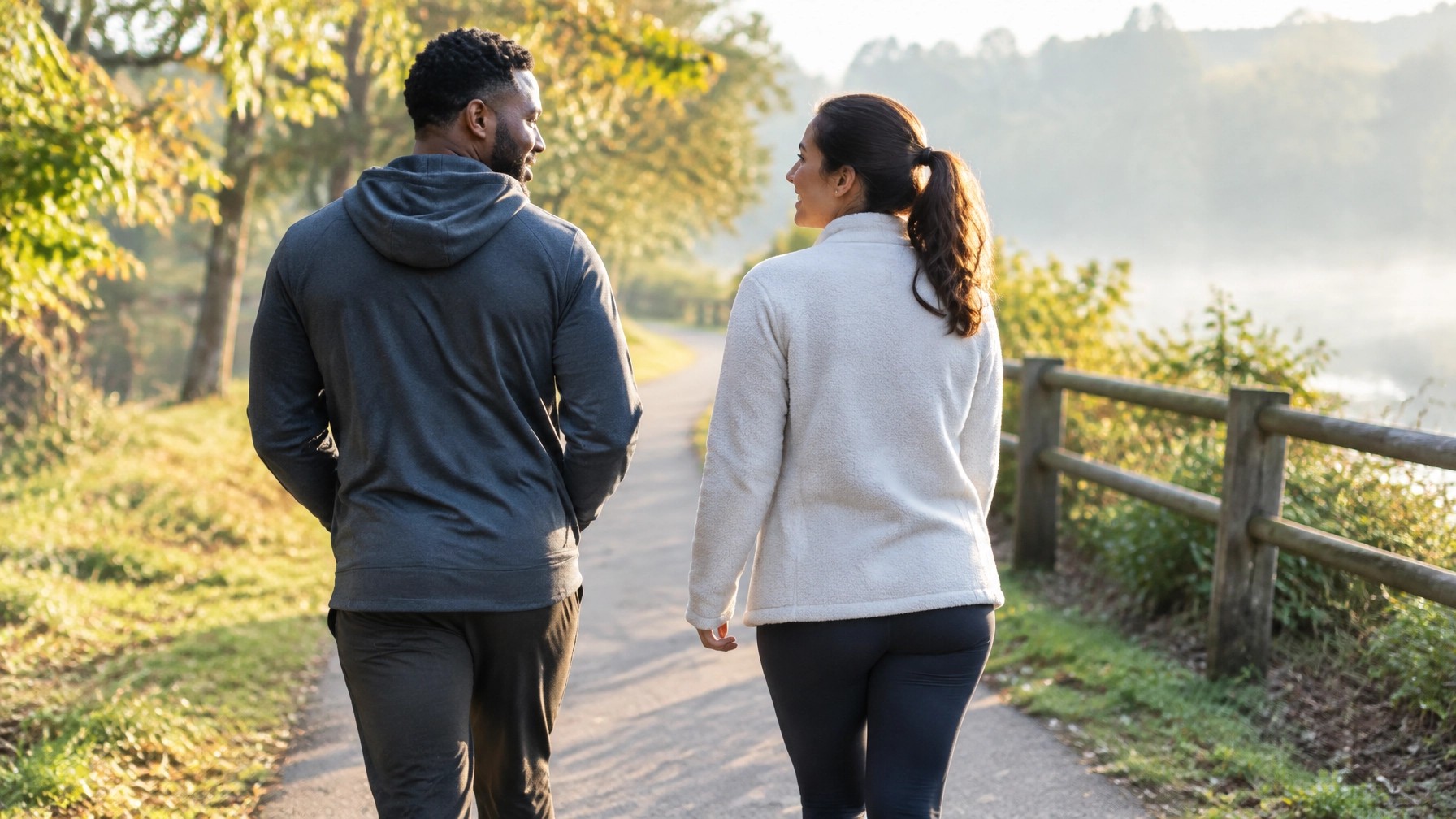 A man and woman walking together on a sunlit path as they take a hopeful next step.