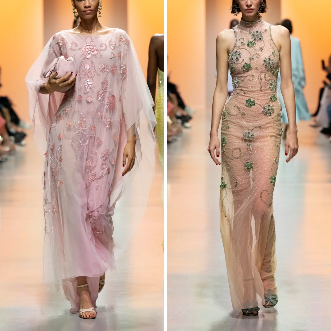A pink flowing cape gown adorned with floral appliqués and a fitted green dress with delicate floral embroidery, from Georges Hobeika's Ready-to-Wear Spring 2025 collection