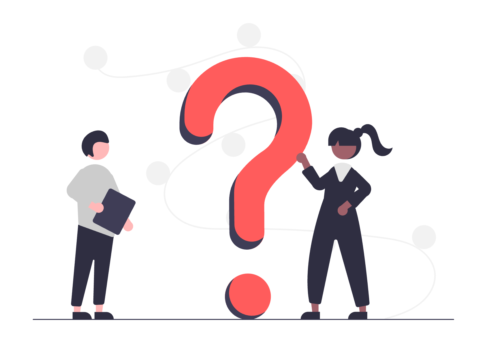 An illustration of two people next to a huge question mark