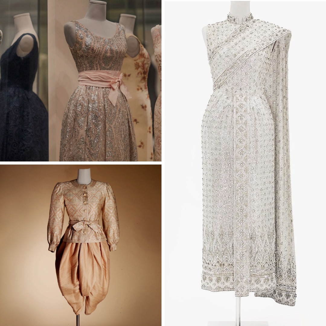 Historic dresses from Queen Sirikit’s wardrobe showing Thai national dress and couture garments created through collaborations with Pierre Balmain and Lesage.